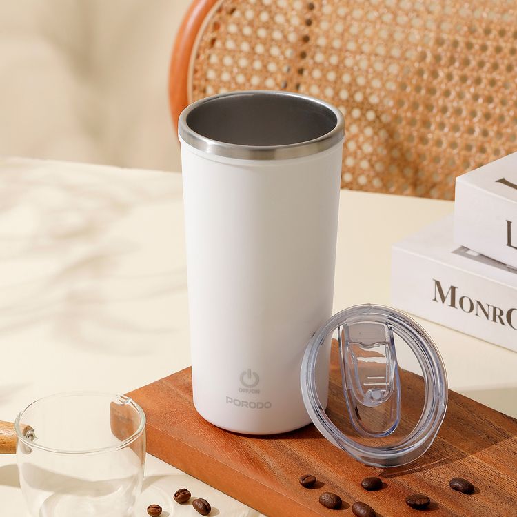 Porodo Lifestyle Auto-Stirring Insulated Mug with 400mL Capacity, Anti-Slip Base, 300mAh Battery Capacity, 120-Seconds Mixing Time with Auto-Stop - White