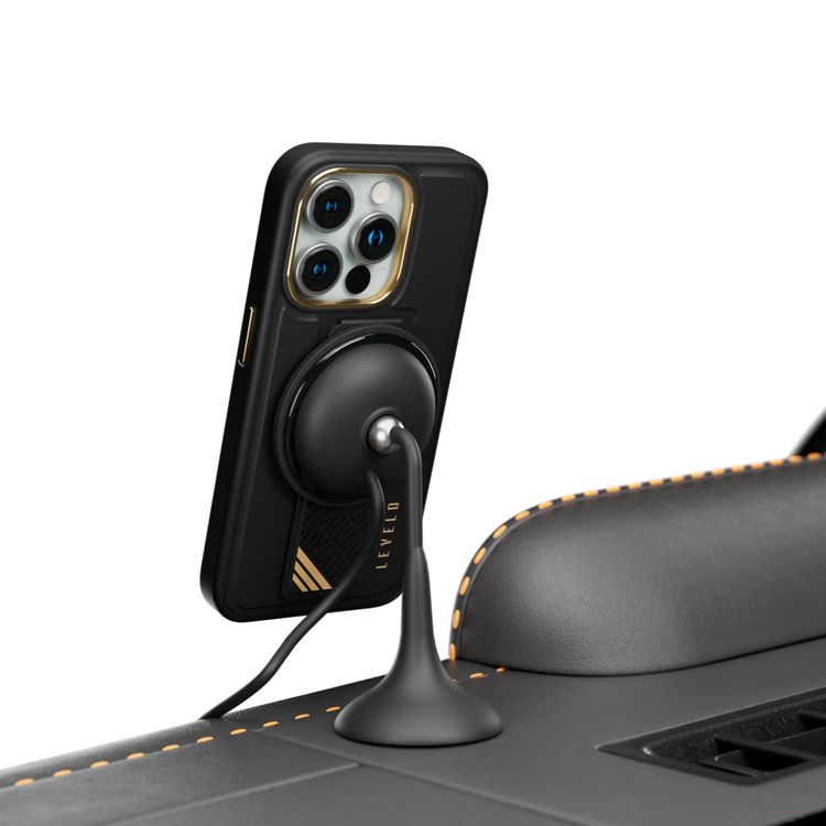 Levelo Morphix Cuero Gripstand Case for iPhone 15 Pro, Multi-Positioning Modes, PU Leather Material, Shock-Proof Edges - Black