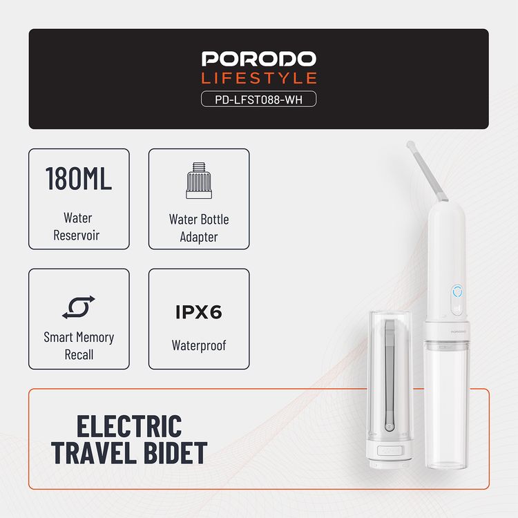 Porodo Lifestyle Electric Travel Bidet with 3 Spray Modes, Smart Memory Recall, Water Bottle Adapter, 180mL Water Reservoir, Waterproof - White 