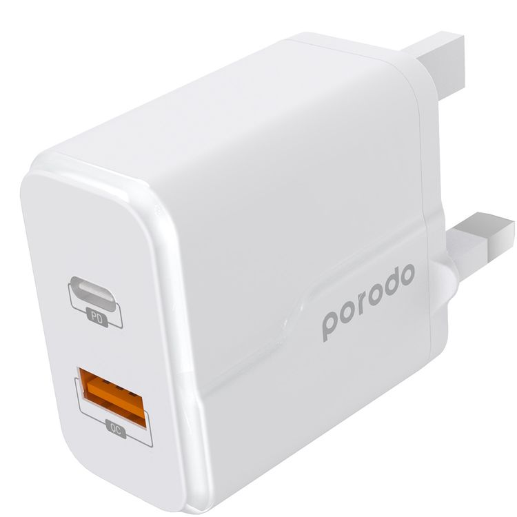 Porodo Dual Port Wall Charger with 20W Power Delivery, QC 18W, Fire Retardant Material, Overcurrent Protection, UK 3-Pin Plug, Built-in Protective Mechanisms - White