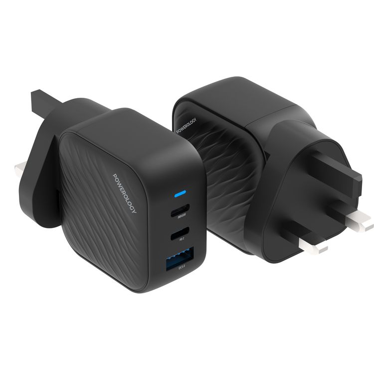 Powerology GaN Ultimate Dual PD Wall Charger with 65W Power Delivery, Compatible with Laptops, Quick Charge 3.0, Built-in Safeguard - Black