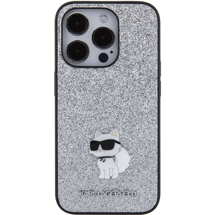 Karl Lagerfeld Fixed Glitter Case with Ikonik Logo Metal Pin - Silver - iPhone 15 Pro Max