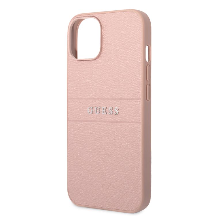 Guess PU Leather Saffiano Case with Metal Logo & Hot Stamp Stripes iPhone 14 Plus Compatibility - Pink