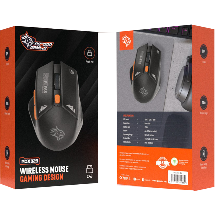 Porodo Gaming Wireless Mouse, 3 Levels DPI, 10m Wireless Range, Power Saving Technology, Mac & Windows Compatible - Black