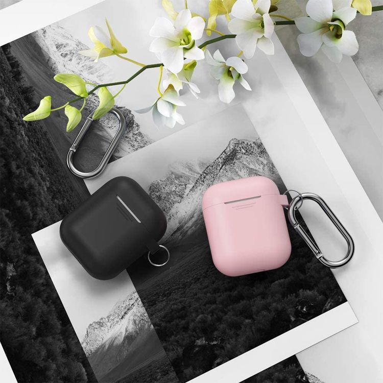 AhaStyle Keychain Silicone Case with Anti-Lost Ring Compatible for AirPods 1/2 Generation, Scratch Resistant, Drop Resistant, Dustproof and Absorbing Protective Cover with Hang Case - Black