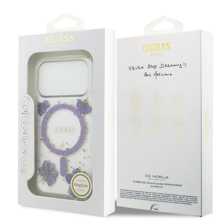 Guess MagSafe Resin Case with Flowers & Glitter Pattern for iPhone 17 Pro, Slim Profile, Drop Protection, Easy Snap-On, Sustainable Packaging, Comfortable Grip, Lightweight Design - Purple