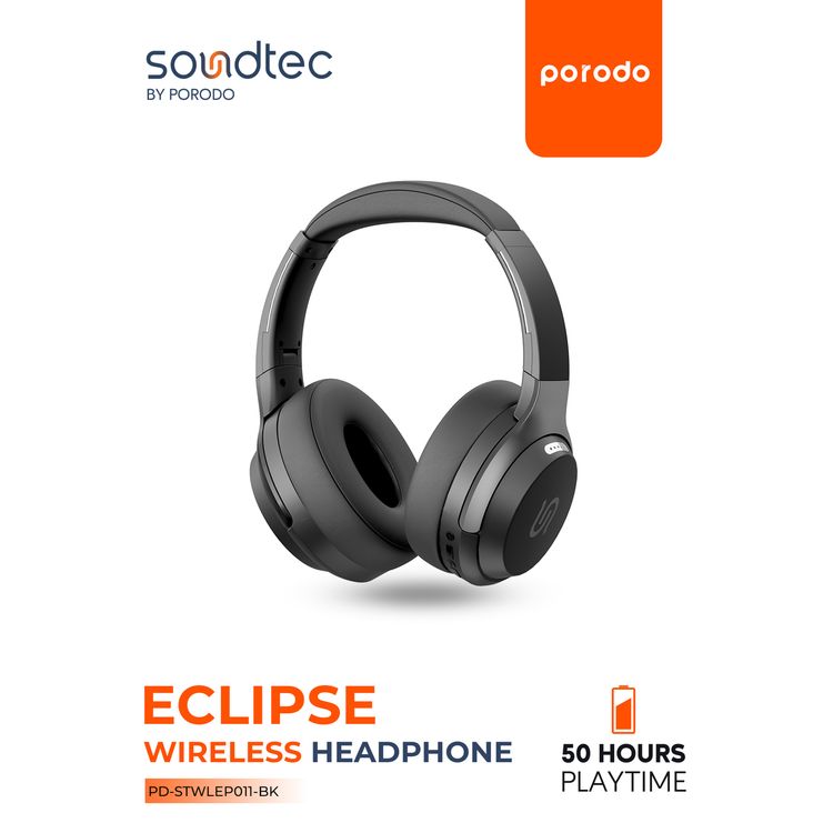 Porodo Soundtec Eclipse Wireless Over-Ear Headphones, High-Clarity Mic with ENC, 50 Hours Playtime, 400mAh Battery, Multi Function Buttons, Type C Charging, Compatible with All Phones for Enhanced Music and Calls - Black