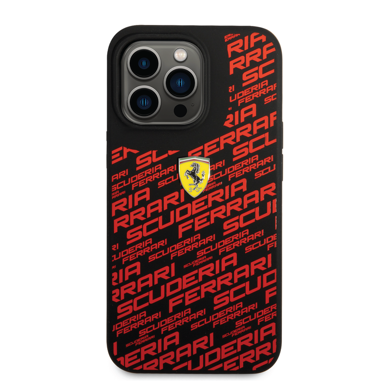 Ferrari Liquid Silicone Case All Over Printed Scuderia iPhone 14 Pro Max Compatibility - Black
