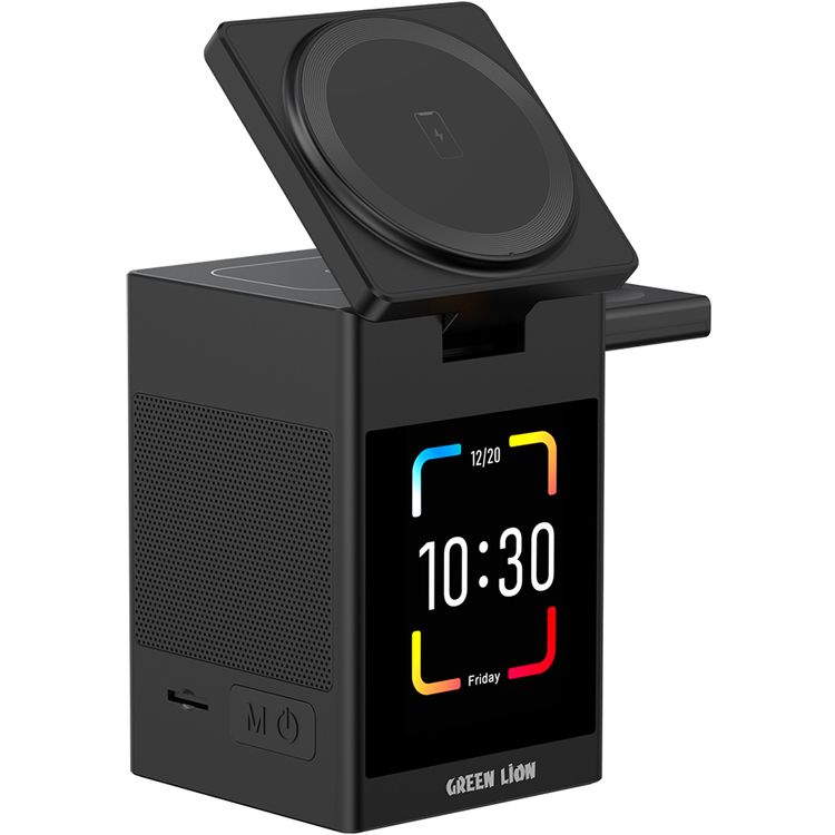 Green Lion Smart Station Pro with Wireless Charger, Speaker, Clock, Alarm, ABS + PC & Silicone Material, 8× N52 Magnets, 1000mAh Battery Capacity, Bluetooth Version 5.3, 10m Working Range, 2 Hours Charging Time, 2.5 Hours Working Time, Type-C Input Port, Smart Touch Display - Black