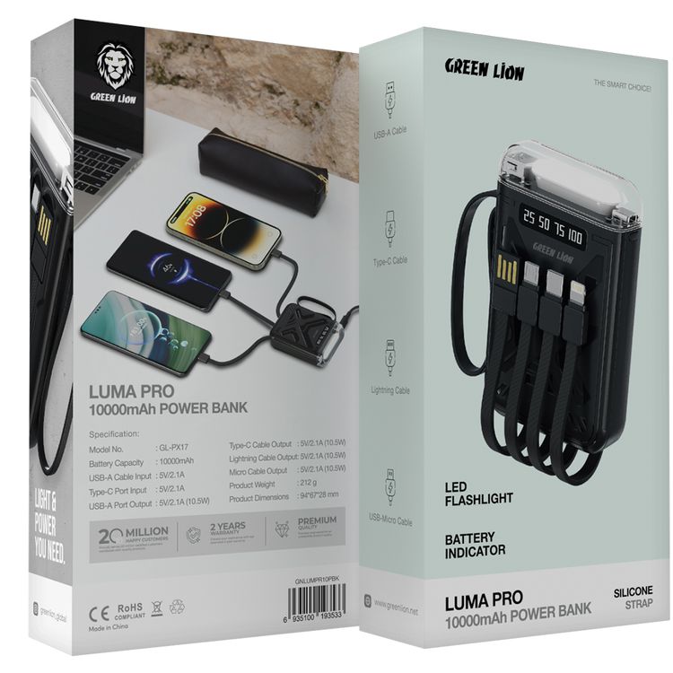 باور بانك جرين ليون لوما برو 10000mAh مع مؤشر بطارية، كابل USB-Micro، كابل لايتنينج، مصباح LED، حزام سيليكون - أسود