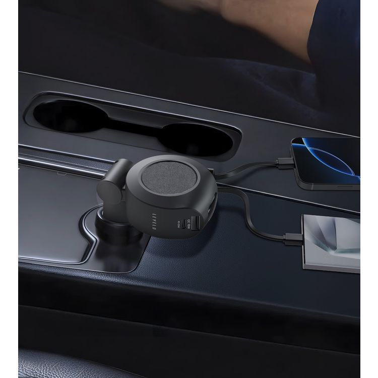 شاحن سيارة مصنوع من جلد سافيانوس بتقنية 4 في 1 من ليفيلو أوربيس مع كابلين مدمجين وقابلين للسحب من نوع C، ومنفذ إخراج USB-A و USB-C، وطول الكابلات القابلة للسحب 80 سم - أسود