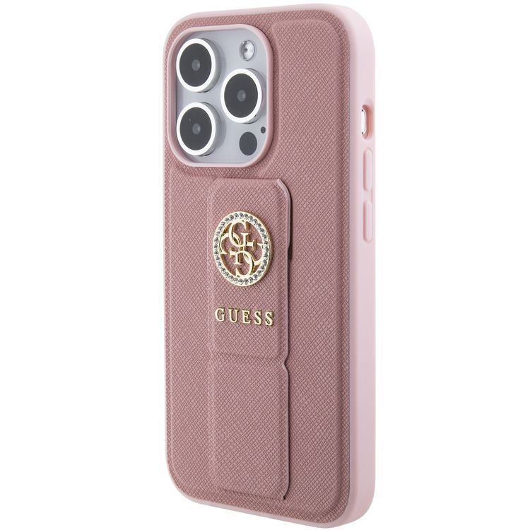 Guess Gripstand Saffiano Case with 4G Strass Metal Logo - Pink - iPhone 15 Pro