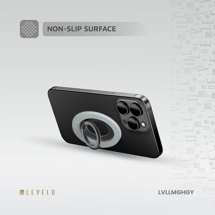 Levelo Lucero 2-in-1 Phone Ring Holder with N52 Magnets, Non-Slip Surface, 135° Flip Design, Comfortable Grip, 4000GS Magnetic Force - Gray