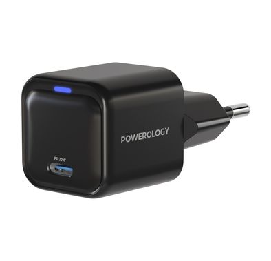 Powerology Ultra-Compact 20W Gan PD Charger EU, Compact Design, Fast Charging, Matt Surface, Overheat & Overvoltage & Overcharge Protection, USB-C Port - Black