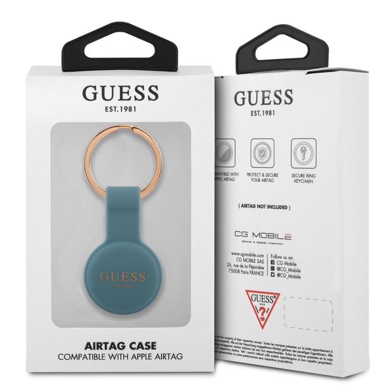 CG MOBILE Guess Silicone Classic Logo Case with Keychain Compatible for Airtag, Portable Protective Skin Cover, Anti-Lost Holder with Key Ring Suitable for AirTag Bluetooth Tracker, Easy to Attach Keys, Backpacks, Liner Bags Officially Licensed - Blue
