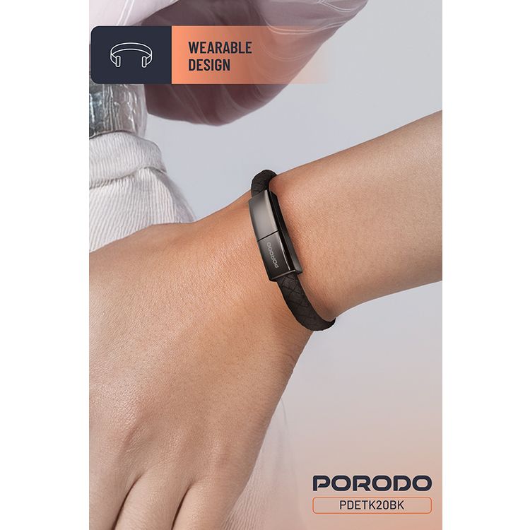 Porodo USB-C to USB-C Wristband Cable with Magnetic Steel Clasp, 60W Power Delivery, 480Mbps Data Transfer Speed, Wearable Design, 20cm Cable Length, PU Leather & Zinc Alloy Material - Black