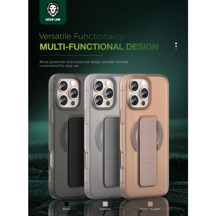 Green Lion Grip 360 MagSafe Case for iPhone 16 Pro with Leather Grip Strap, Camera Protection, Multi Functional Design, Scratch Resistant, Foldable Stand - Gray