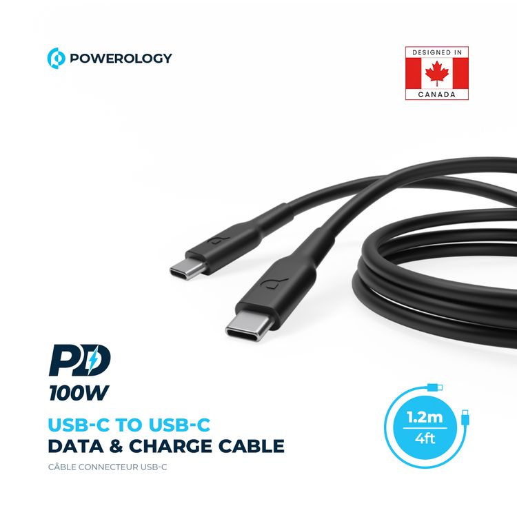 Powerology Type-C to Type-C Connector Cable PD 100W, Fast Data Sync & Charging, Universal Compatibility, 1.2m in Length, Overheat & Overcurrent Protection - Black