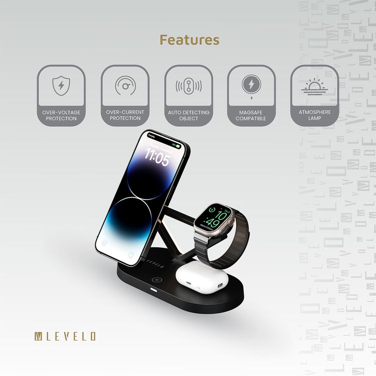 Levelo Premio 5-in-1 Wireless Charger with MagSafe Compatibility, 15W Fast Wireless Charging, Overcurrent Protection, Built-in LED Light, Automatic Object Detection - Black