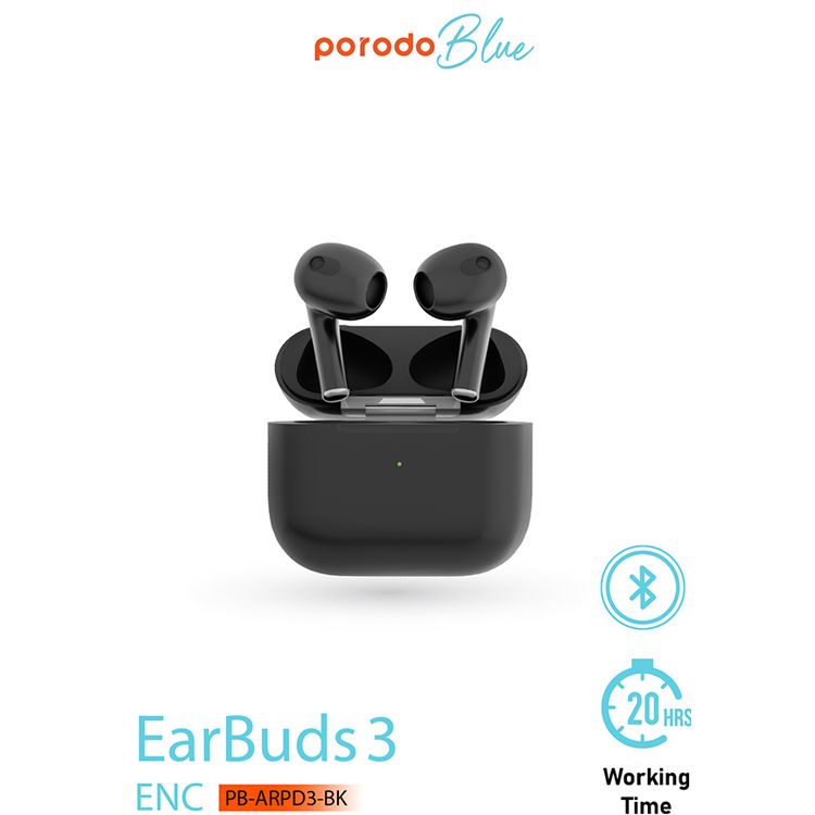 Porodo Blue Deep Bass Wireless Earbuds 3, 20 Hours Working Time, Type-C Charging Port, Environmental Noise Cancellation, Independent Earbuds, Touch Control - Black