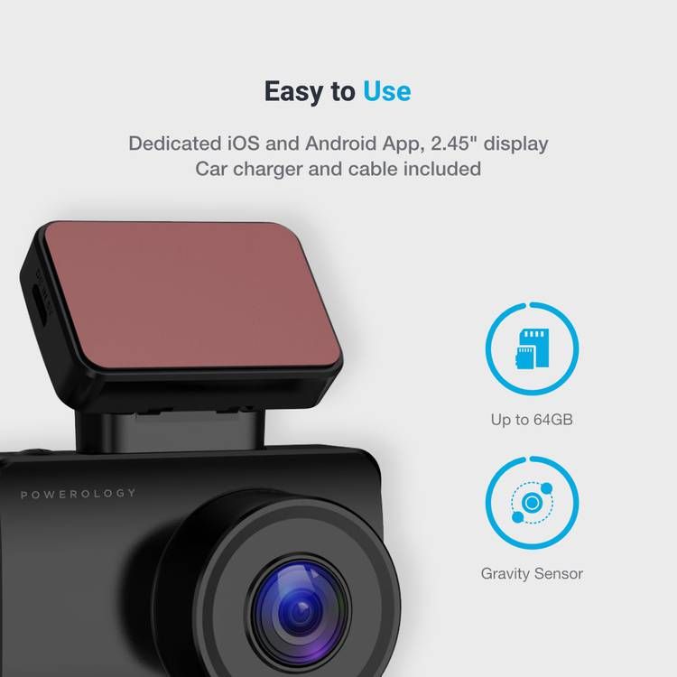 Powerology Dash Camera Pro 1080P, GPS Coordinates, WIFI, 4-Lane Wide Angle, Motion sensor, Gravity sensor, Gap-less recording with App - Black