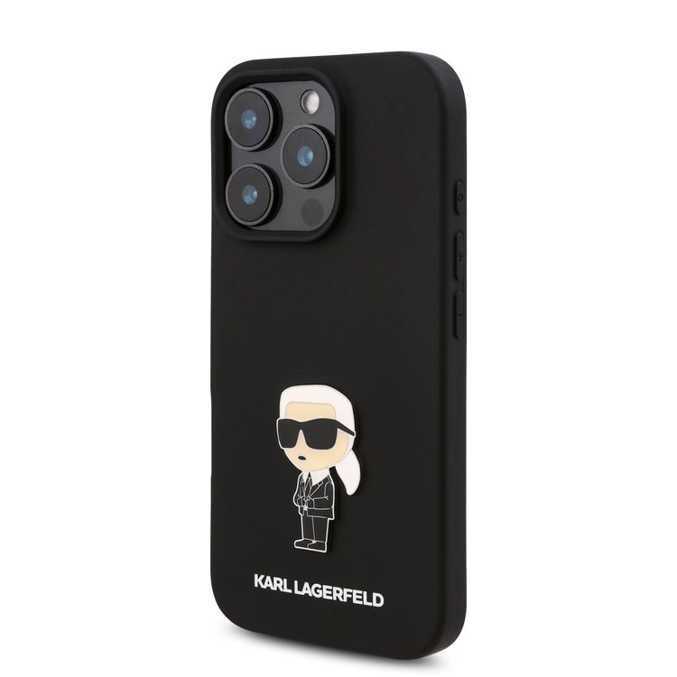 جراب صلب من السيليكون TPU من Karl Lagerfeld مع شعار Ikonik لأيفون 16 برو، مادة متينة، قبضة مريحة وآمنة، خفيف الوزن ونحيف - أسود