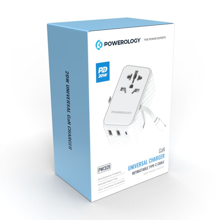 Powerology GaN 20W PD Universal Adapter with Retractable Type-C Cable, Simultaneous Charging, Includes Spare Fuse, Built-In Safeguard - White