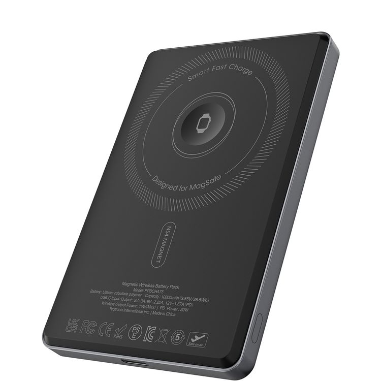 Powerology MagVolt 5000mAh Power Bank, 2.5W Watch Output, Up to 15W Phone Output, 20W Power Delivery, Ultra-Slim Design, Smart TFT Display, N54 MagSafe Compatible - Black