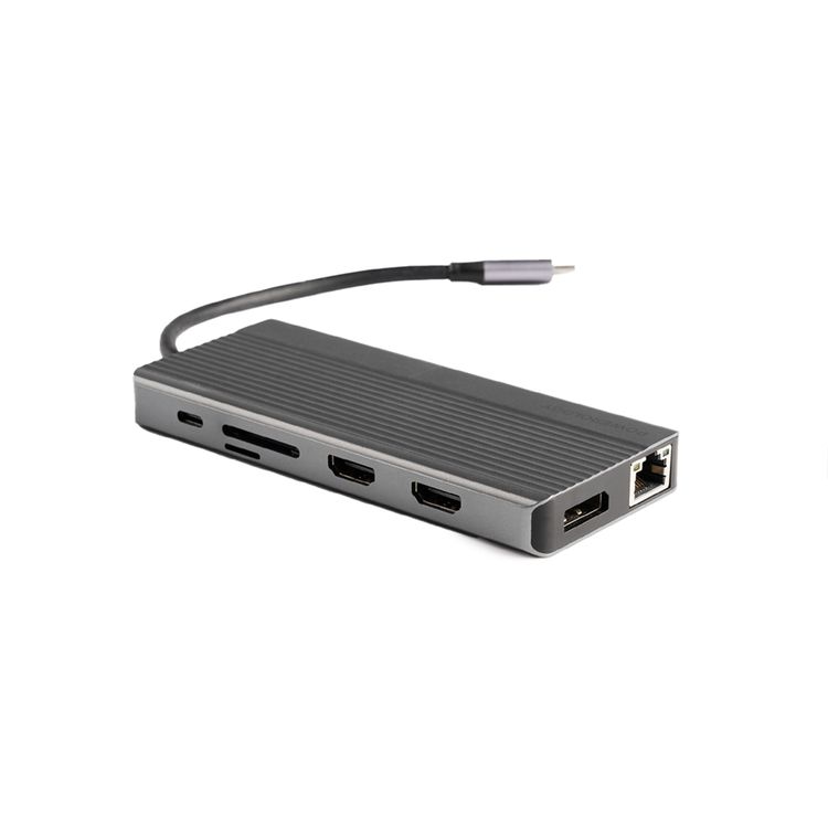 Powerology 13-in-1 USB-C Hub, 4K, HDMI, Type-C, 100W PD, Ethernet, USB SD MicroSD, 3.5 AUX - Gray