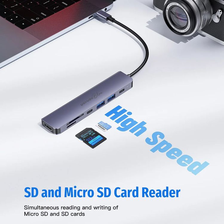 Porodo Blue 7 Ports USB-C HUB 4K HDMI & Dual USB-C, 100W PD, Card Reader, Plug and Play, Hot Swappable, Windows/Mac OS/Android - Gray