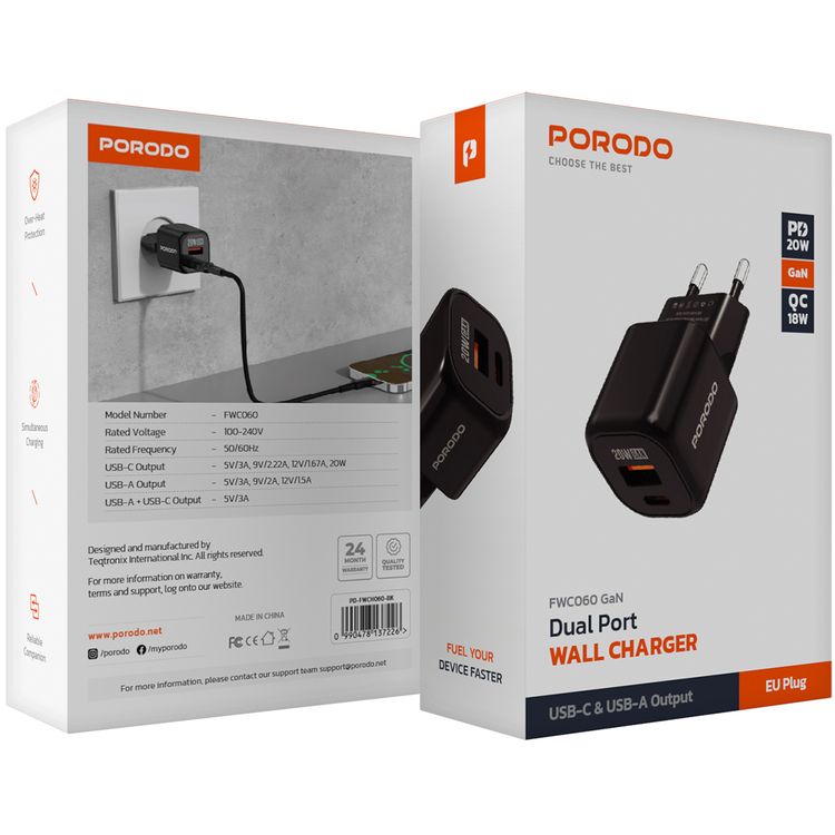 Porodo Dual-Port Wall Charger with 20W Power Delivery, EU Plug, QC 18W, Simultaneous Charging, Overheat Protection, USB-C & USB-A Outputs - Black