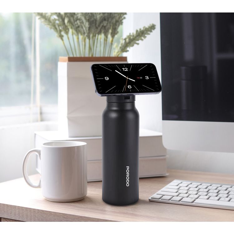 Porodo Magnetic Mount Water Bottle with Strong Magnetic Hold, Stainless Steel Material, Double-Wall Insulation, Versatile and Portable, Strong Magnetic Hold, Works with MagSafe, Wide Round Mouth - Black 