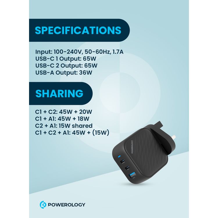 Powerology GaN Ultimate Dual PD Wall Charger with 65W Power Delivery, Compatible with Laptops, Quick Charge 3.0, Built-in Safeguard - Black