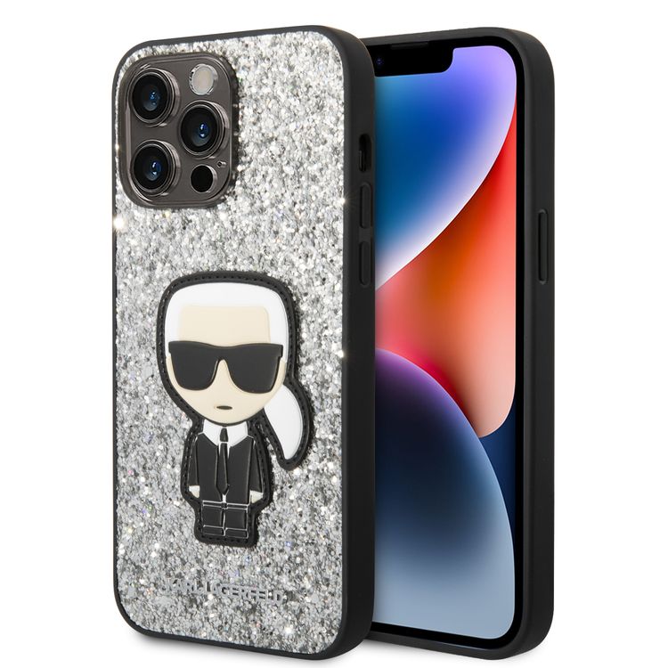 Karl Lagerfeld Glitter Flakes Case with Ikonik Patch Shockproof iPhone 14 Pro Max Compatibility - Silver