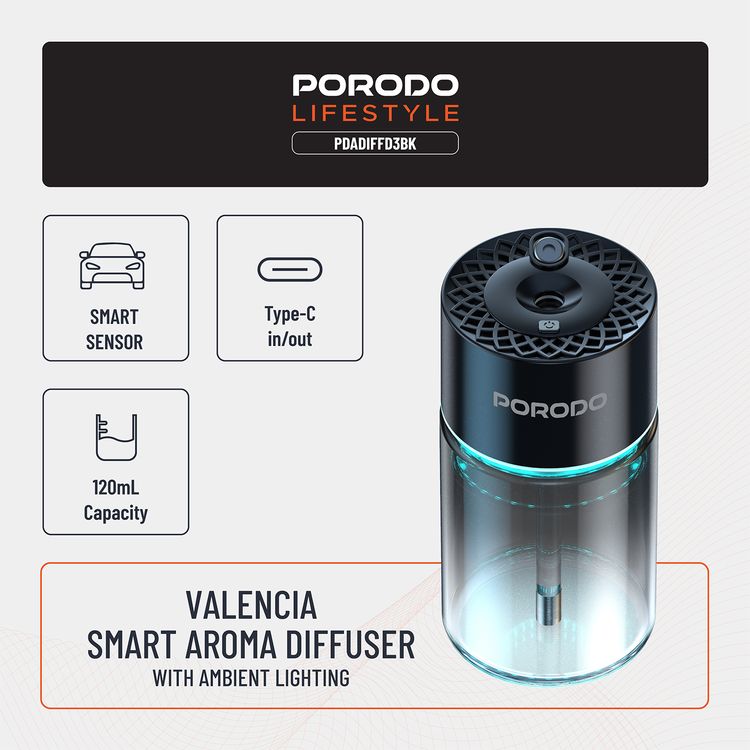 Porodo Valencia Smart Aroma Diffuse with Ambient Lighting, 120mL Bottle Capacity, 300mAh Battery Capacity, Type-C Charging Port, Smart Sensor, 5 Spray Modes - Black