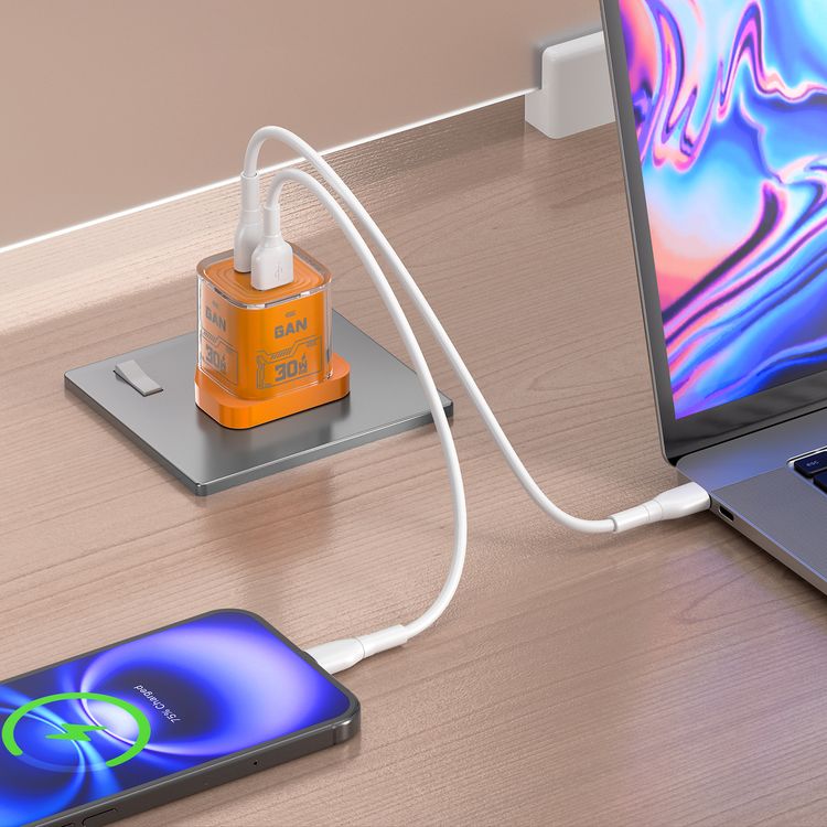 Porodo TEZCLARTÉ Quick Wall Charger with Dual Port Fast Charging, Flame Retardant Housing, Transparent Design, PD 30W USB-C Output, QC 20W USB-A Output - Orange