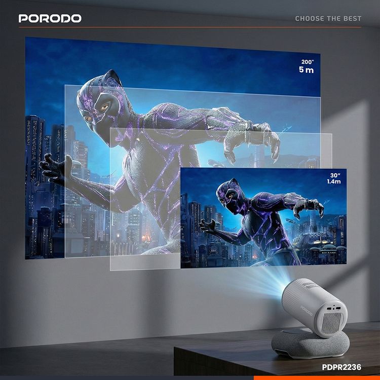 Porodo Lumacast Smart Full HD Projector with Auto Focus & Keystone, Cinematic Screen Viewing, Wireless Screen Mirroring, Android 13 Operating System - White