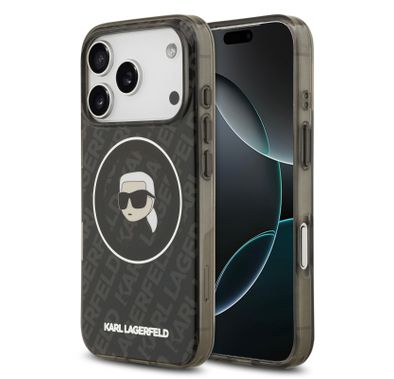 Karl Lagerfeld MagSafe IML Glitter & KL Repeated Case with Karl Head for iPhone 17 Pro Max, Slim Profile, Drop Protection, Easy Snap-On, Sustainable Packaging, Comfortable Grip, Lightweight Design - Black