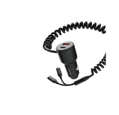 Porodo Dual Port Car Charger with Integrated C+L Cables, Adaptable, Simultaneous Charging, Universal Compatibility, 1.5m Cable Length - Black