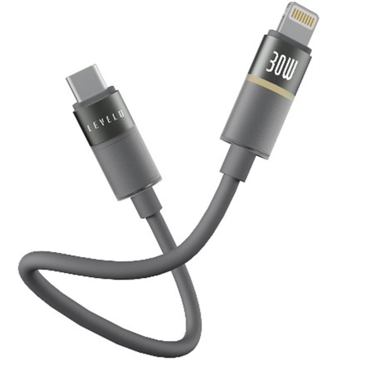 Levelo Luno USB-C to Lightning Cable with 30W Power Delivery, 1m Cable Length, 480Mbps Data Transfer Speed, Silicone Material, Tangle-Free, LED Indicator - Smokey Gray