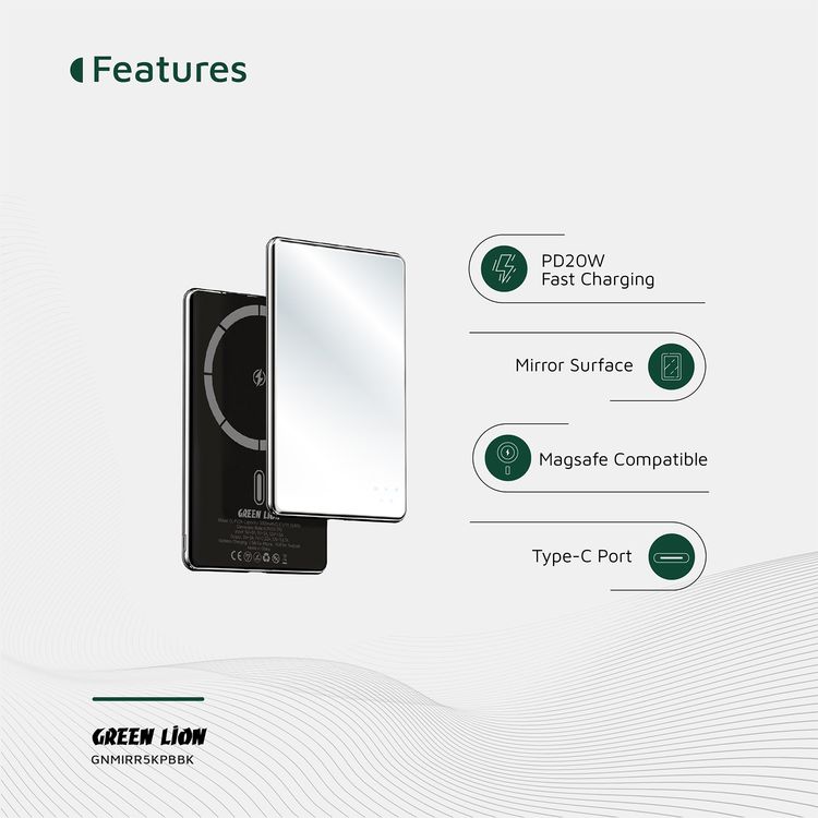 Green Lion Mirror Design 5000mAh Power Bank with LED Indicator, Type-C Port, 20W Power Delivery, 15W Wireless Output, Aluminum & Glass Material, Ultra-Thin & Ultra-Light Design, Fast Charge - Black