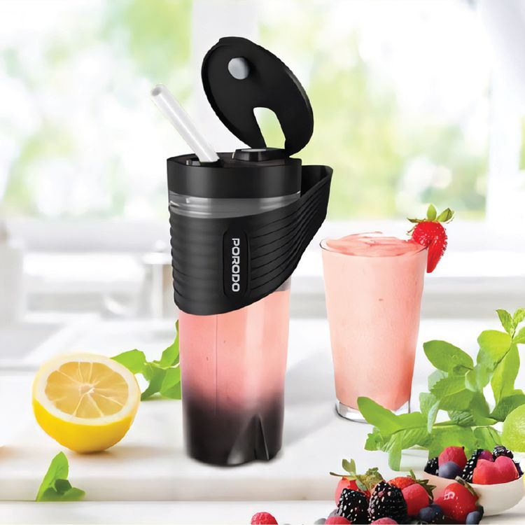 Porodo FreshMix Portable Blender with 460mL Capacity, 304 Stainless Steel Blades, PCTG Food Grade Bottle Material, 20000RPM Motor Speed, 5W Rated Power, 4000mAh Battery, 40 Seconds Per Cycle Blending Time - Black