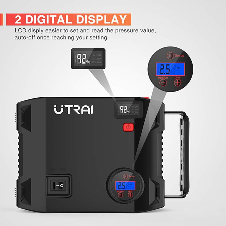 UTRAI Jstar 5 Portable Jump Starter & Air Compressor, 2000A 24000mAh, 150 PSI, 12V Battery Pack for 8L Gas & 7.5L Diesel Engines, Emergency Light, LCD Screen, USB QC3.0 - Black