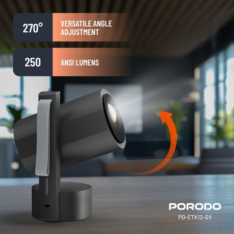 Porodo Full HD Portable Smart Projector with Auto-Focus & Keystone, 65W Power Consumption, 1080 pixels Resolution, Up to 150-inch Projection Size, 2 Hours Battery Life, 30000 Hours Light Source Life, 5000mAh Battery Capacity, 3-inch HD LCD Display, 250 ANSI Brightness, Bluetooth Version 5.0 - Gray