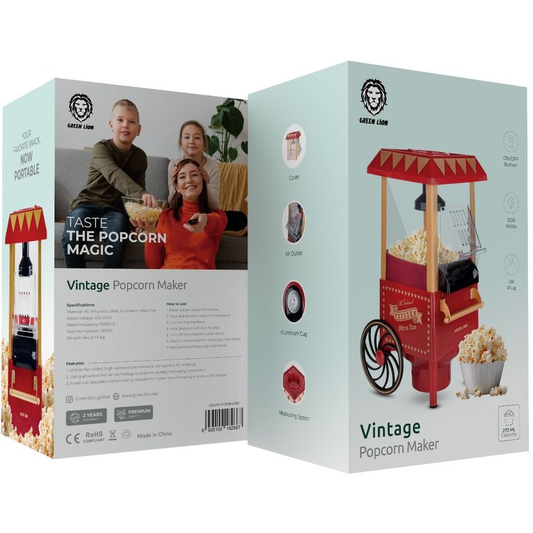 صانعة فشار عتيقة من جرين ليون بسعة 270 مل، بقوة قصوى 1200 وات، مع قابس المملكة المتحدة، زر تشغيل/إيقاف، ملعقة قياس، كوب ألومنيوم، ومقاومة لدرجات الحرارة العالية - لون أحمر.