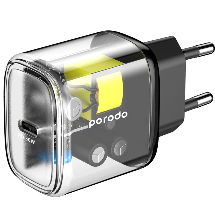 شاحن Porodo السريع الشفاف بقدرة 30 وات، USB-C، توصيل الطاقة بالاتحاد الأوروبي