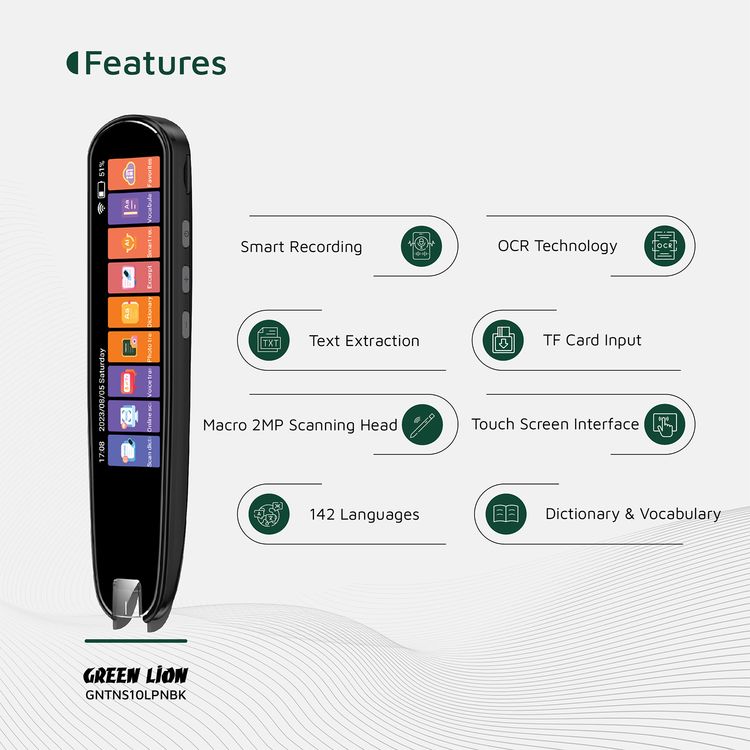 Green Lion Translation Pen with Touch Screen Interface, Photo, Voice & Scan Translation Capability, Bluetooth & Wi-Fi Connectivity, Dictionary & Vocabulary Access, Smart Recording, OCR Technology, Up to 8 Hours Working Time, 142 Languages Supported, Type-C Charging Port - Black