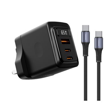 Porodo GaN Wall Charger with USB-C to USB-C Cable, Single USB-A & Dual USB-C Ports, 65W Power Delivery, Built-in Safeguards, Fast Charge Support, Multiple Device Charging, Digital Display - Black