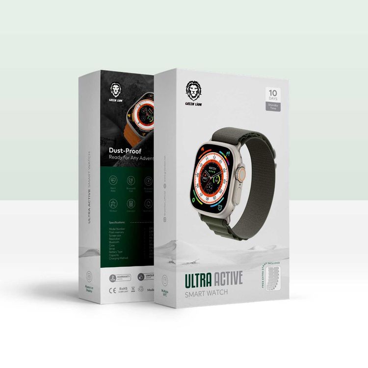 Green Lion Ultra Active 49mm Smart Watch with 2.16" IPS Screen, Bluetooth Call & Camera, 64MB Flash Memory, 350mAh Battery, Workout & Sleep Monitoring, 10 Days Standby, Alarm & Stop Watch, IP68 Waterproof - Titanium / Green