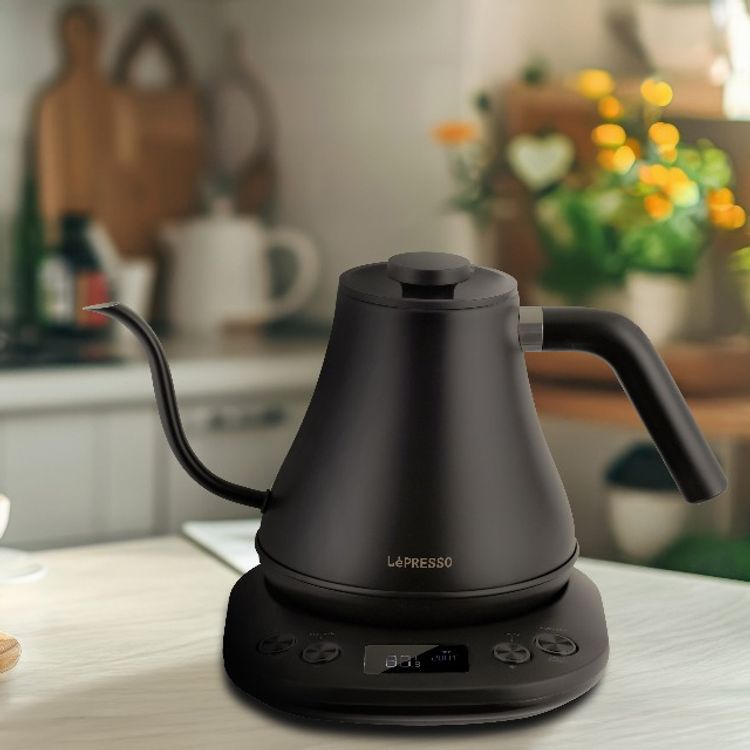 LePresso Electric Pour-Over Kettle with Digital Display, Boil Dry Protection, Keep-Warm Function, Brew Stopwatch Mode, Adjustable Temperature, 800mL Capacity - Black